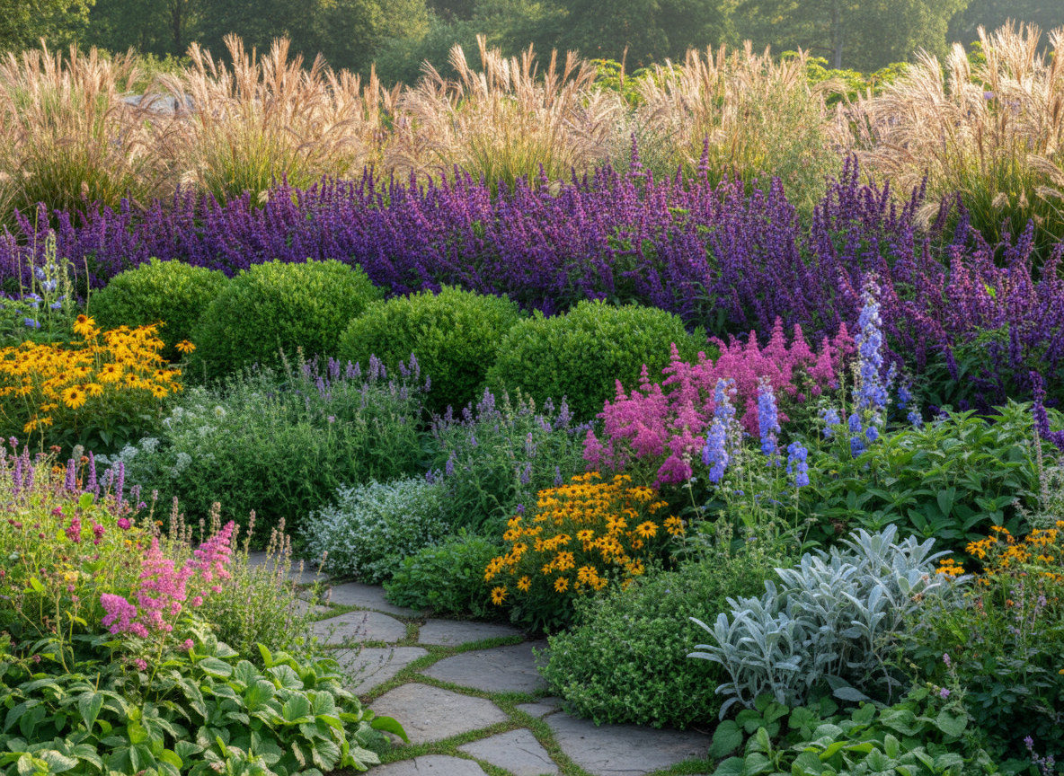 Colorful perennial flower garden bed with layered plantings of ornamental grasses, purple salvia and green shrubs.