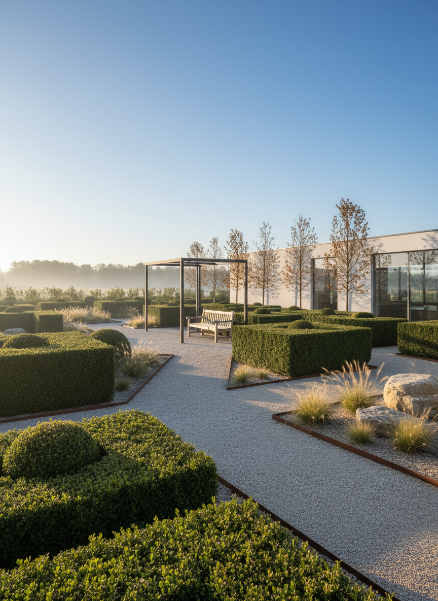 Elegant modern garden with sculpted boxwood hedges, gravel path and a wooden bench.