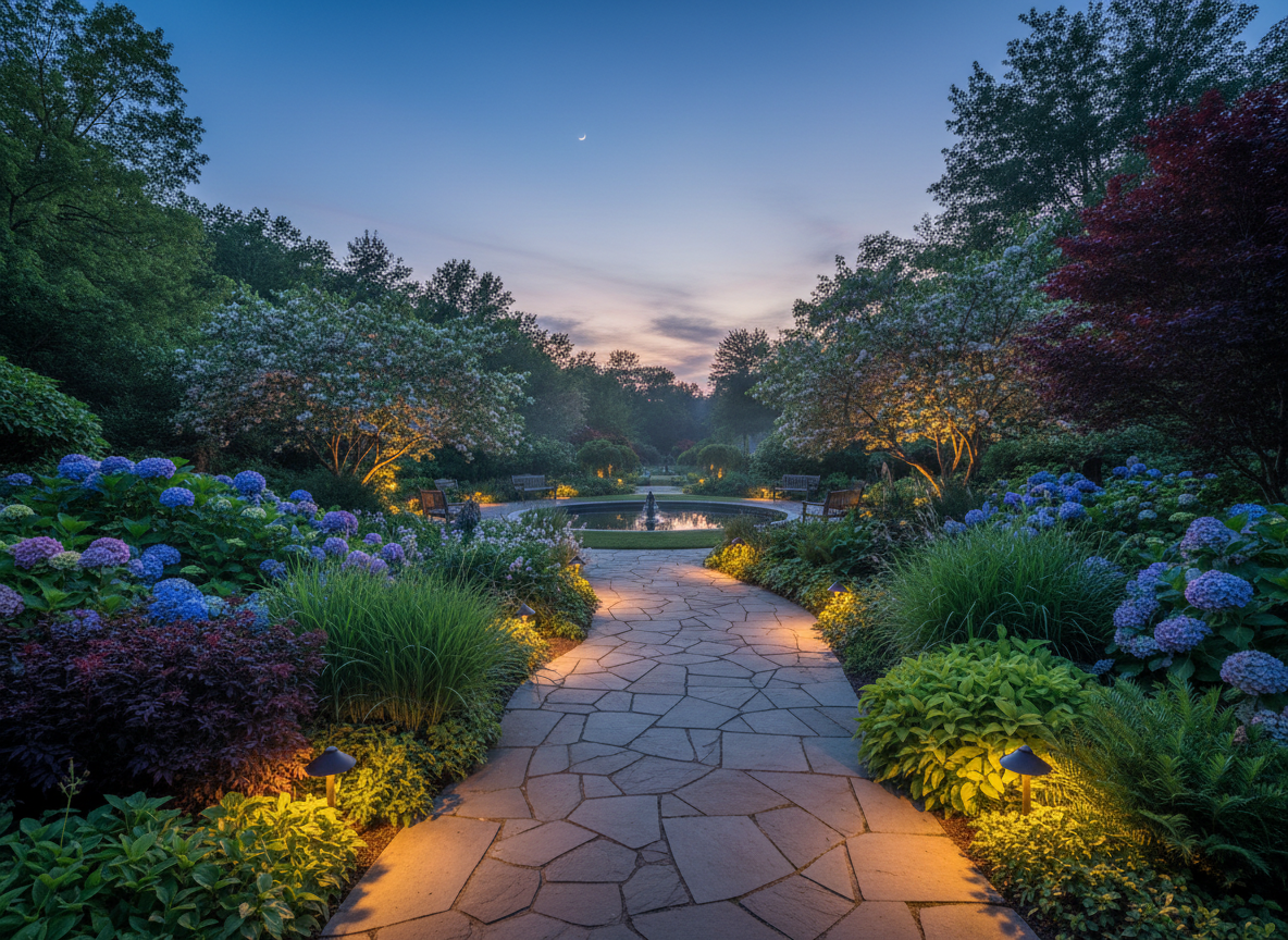 Serene landscaped garden at twilight with warm path lighting illuminating a stone walkway between lush plantings.