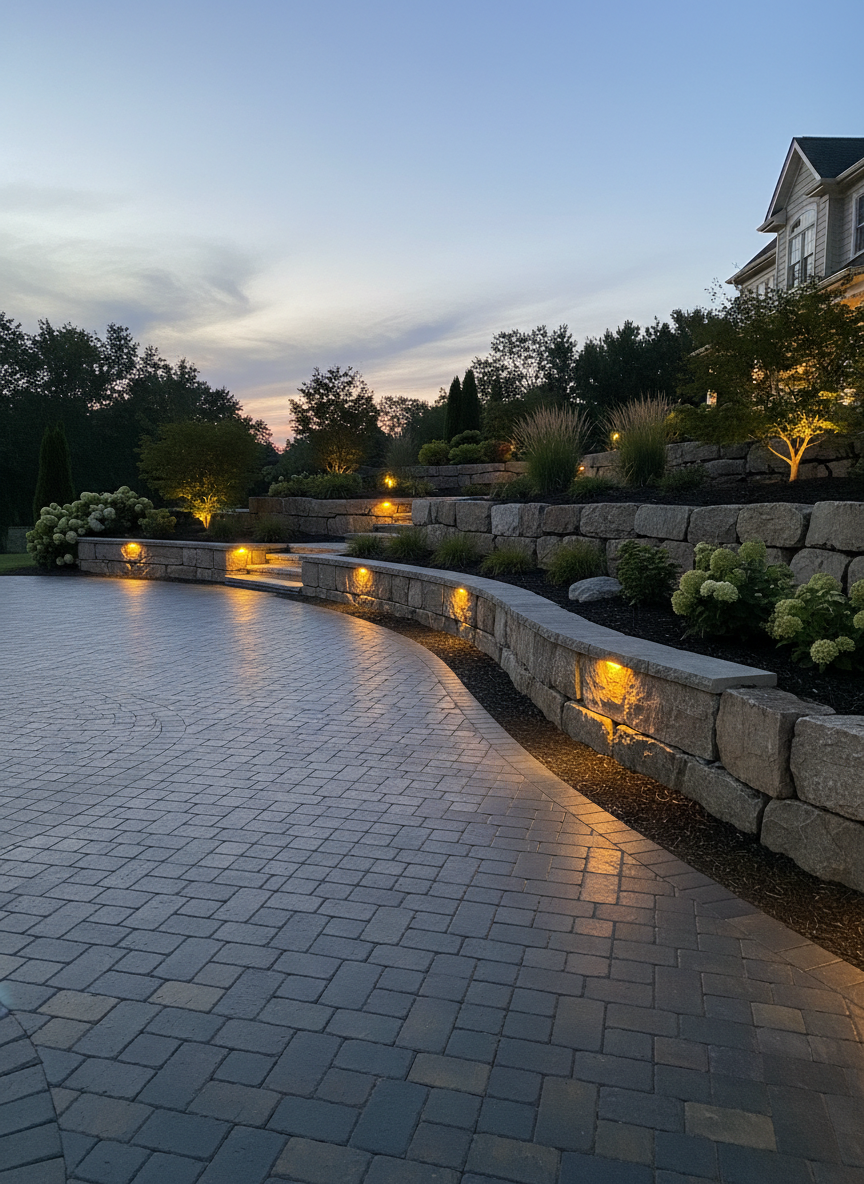 Elegant paver driveway and stone retaining wall with integrated landscape lighting.