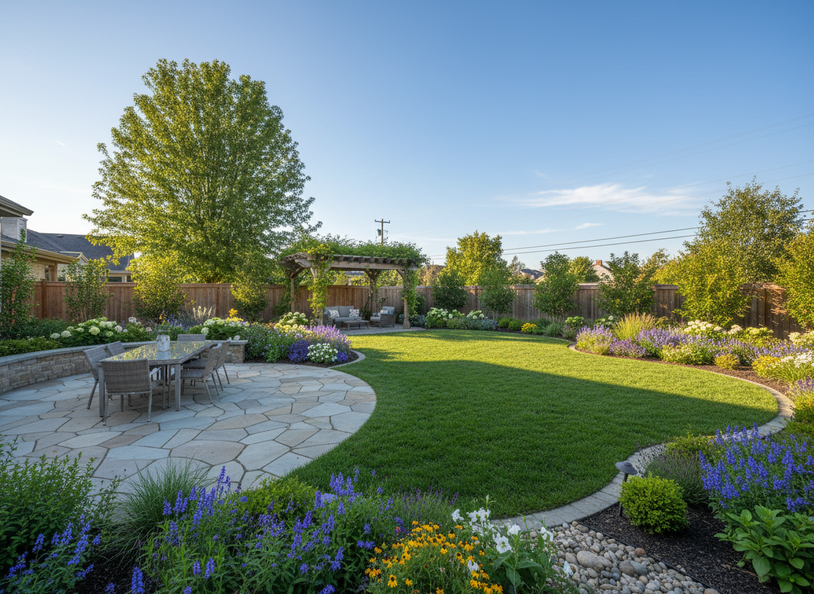 The same backyard transformed with a lush green lawn, tidy garden beds, and a stone patio after professional landscaping.