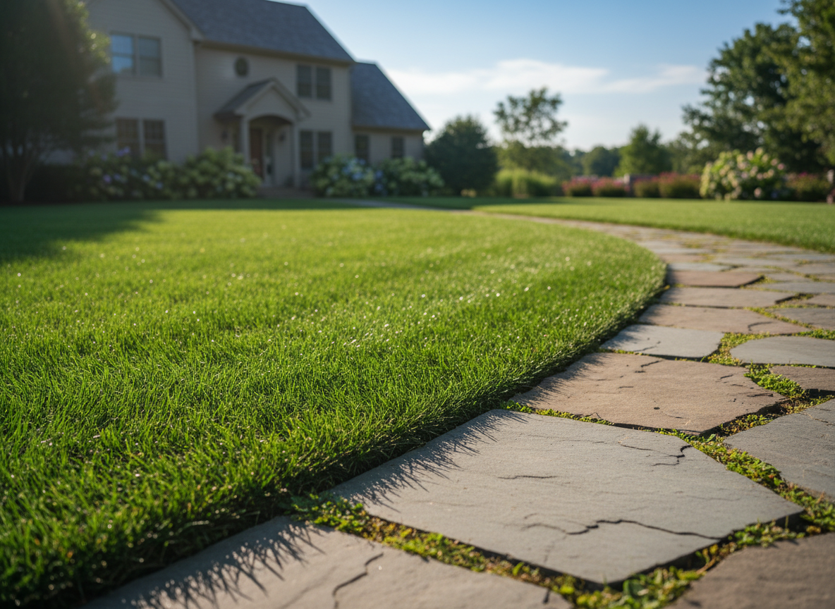 Well-maintained front yard lawn with a curved edge meeting a stone walkway.