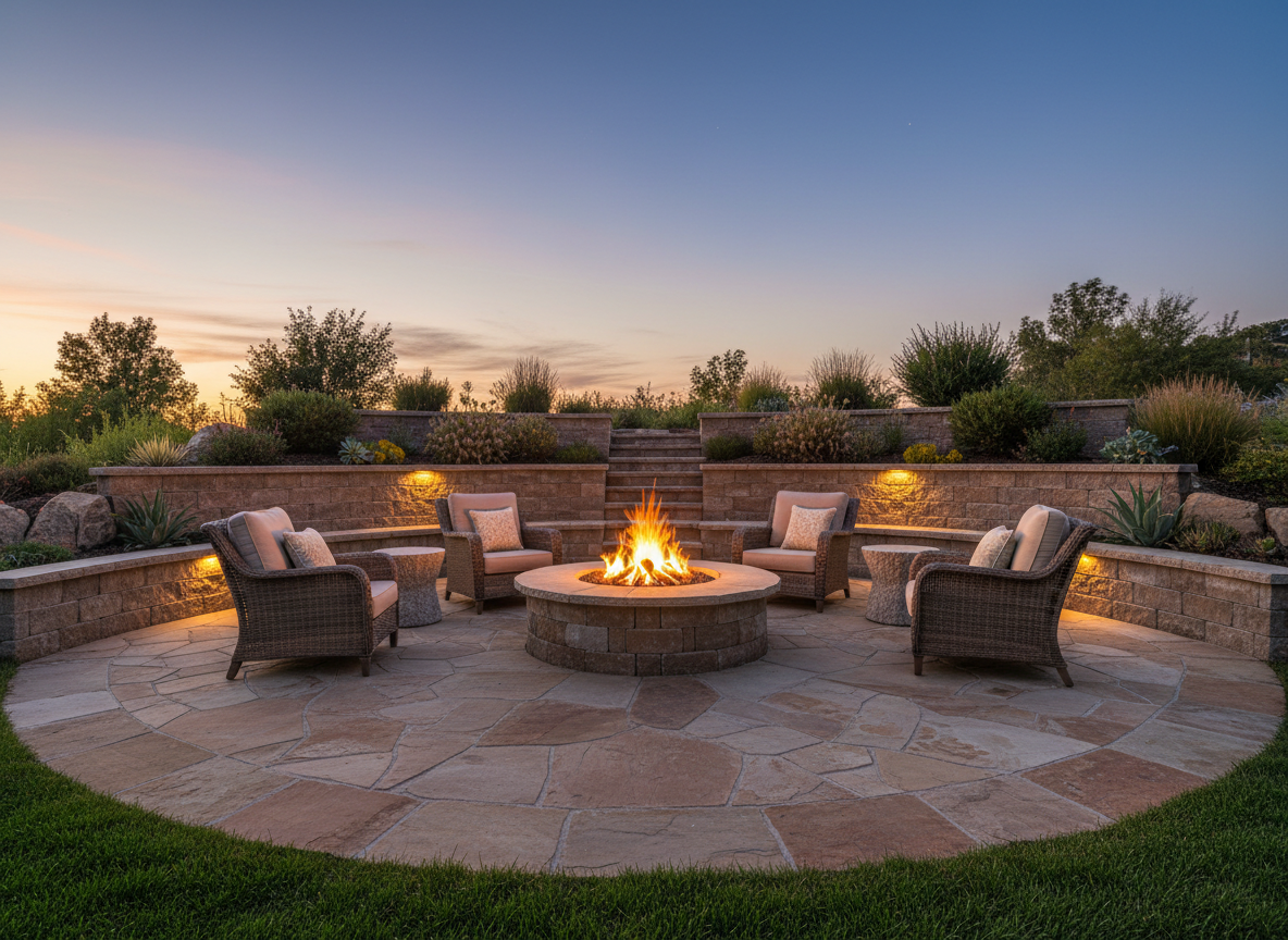 Natural stone patio with a built-in fire pit surrounded by outdoor seating, flagstone paving and retaining wall.