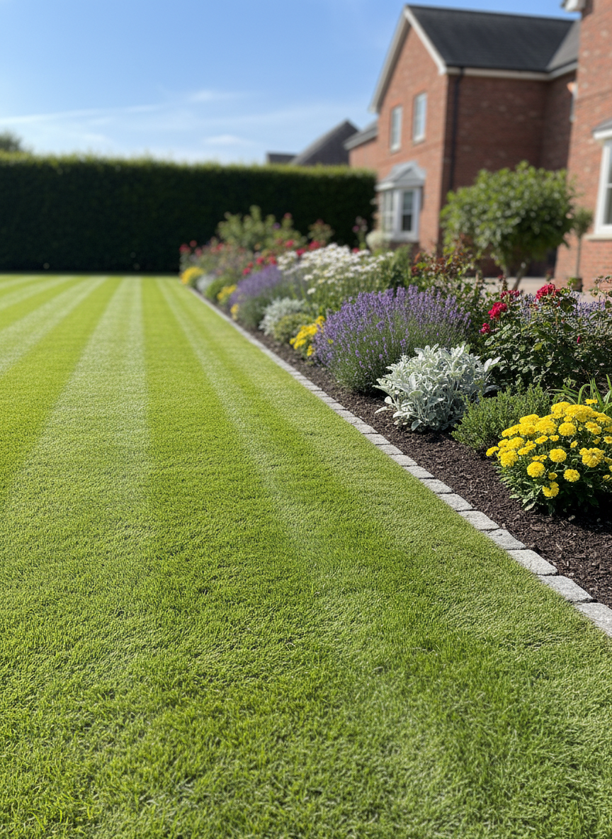 A pristine, freshly mowed emerald green lawn with crisp mowing stripes leading to a clean garden border.