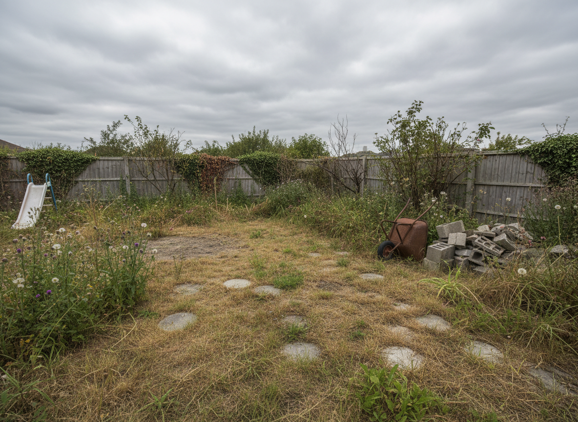 An overgrown, neglected backyard with patchy dead grass, weeds and bare dirt patches before landscaping work.